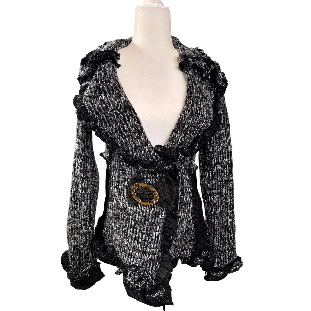 COCO & TASHI Black White Marled Ruffle Lace Cardigan Sweater‎ Women's L Office